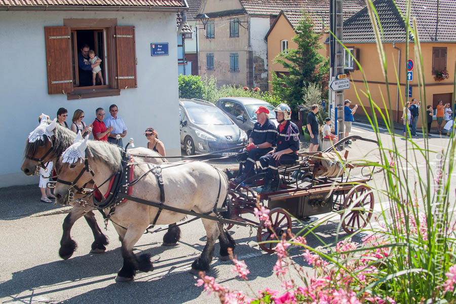 Ancienne pompe à bras tirée par deux chevaux