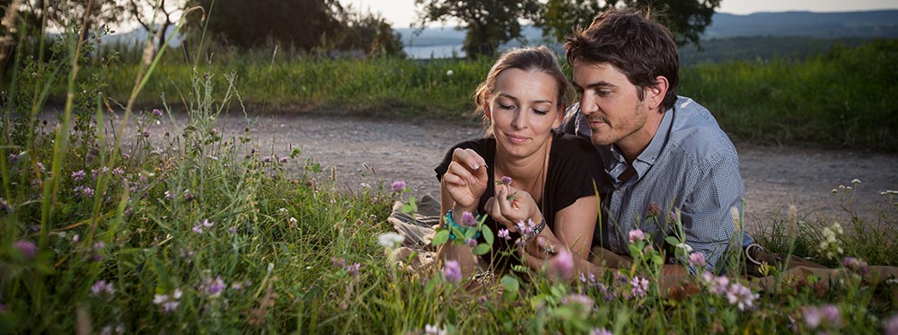 photo life-style : Couple allongé dans l'herbe